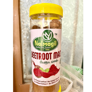 A jar of Beetroot Malt, a nutritious drink made from beetroot, packed with essential vitamins and minerals for energy and health